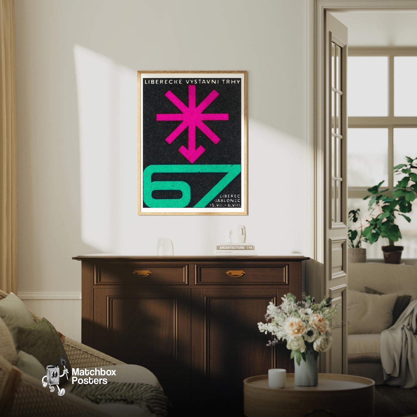 Geometric Pink Star - vintage matchbox label print - living room mockup