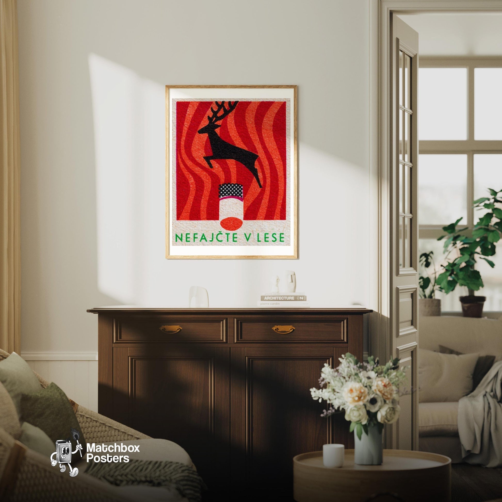 Jumping Deer - vintage matchbox label print - living room mockup