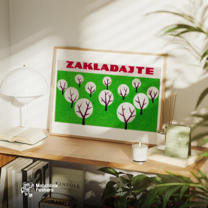 Stylized Trees - vintage matchbox label print - office wall