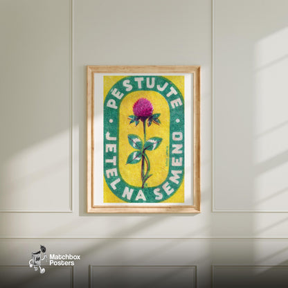 Red Clover Flower - vintage matchbox label print - bedroom mockup