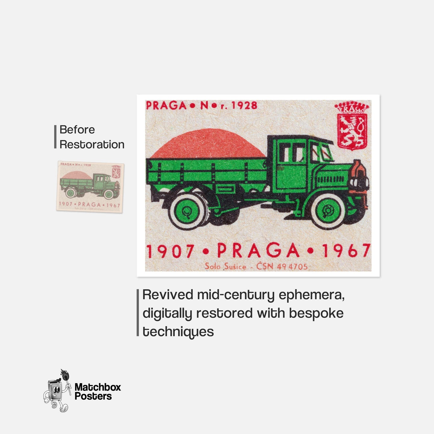 Green Truck - vintage matchbox label print - framed wall art preview