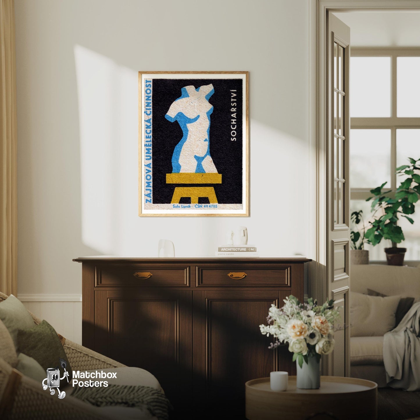Sculpture Bust - vintage matchbox label print - living room mockup