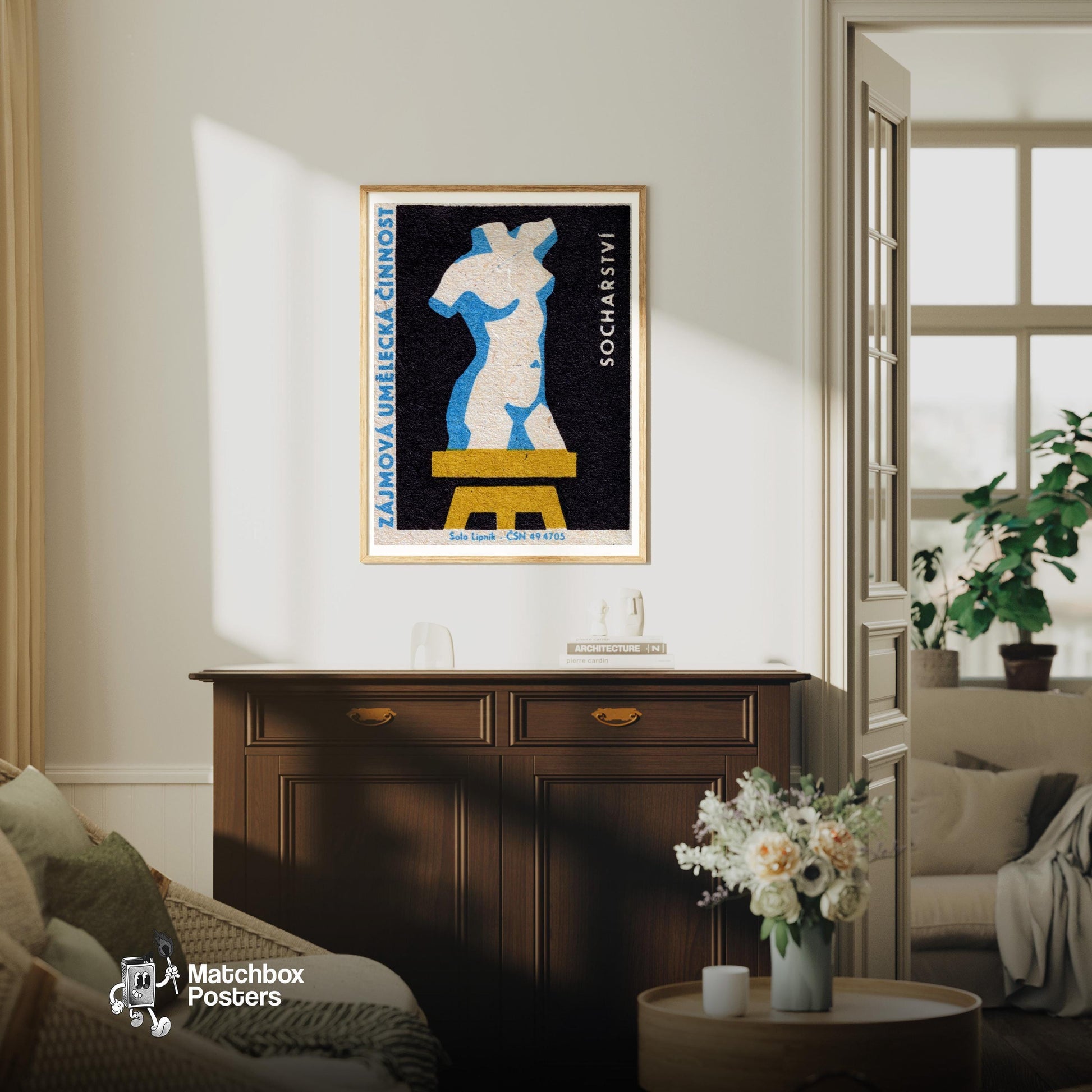 Sculpture Bust - vintage matchbox label print - living room mockup