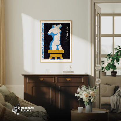 Sculpture Bust - vintage matchbox label print - living room mockup