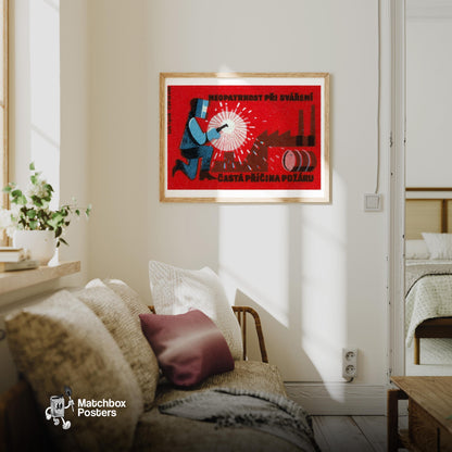 Welder - vintage matchbox label print - living room mockup