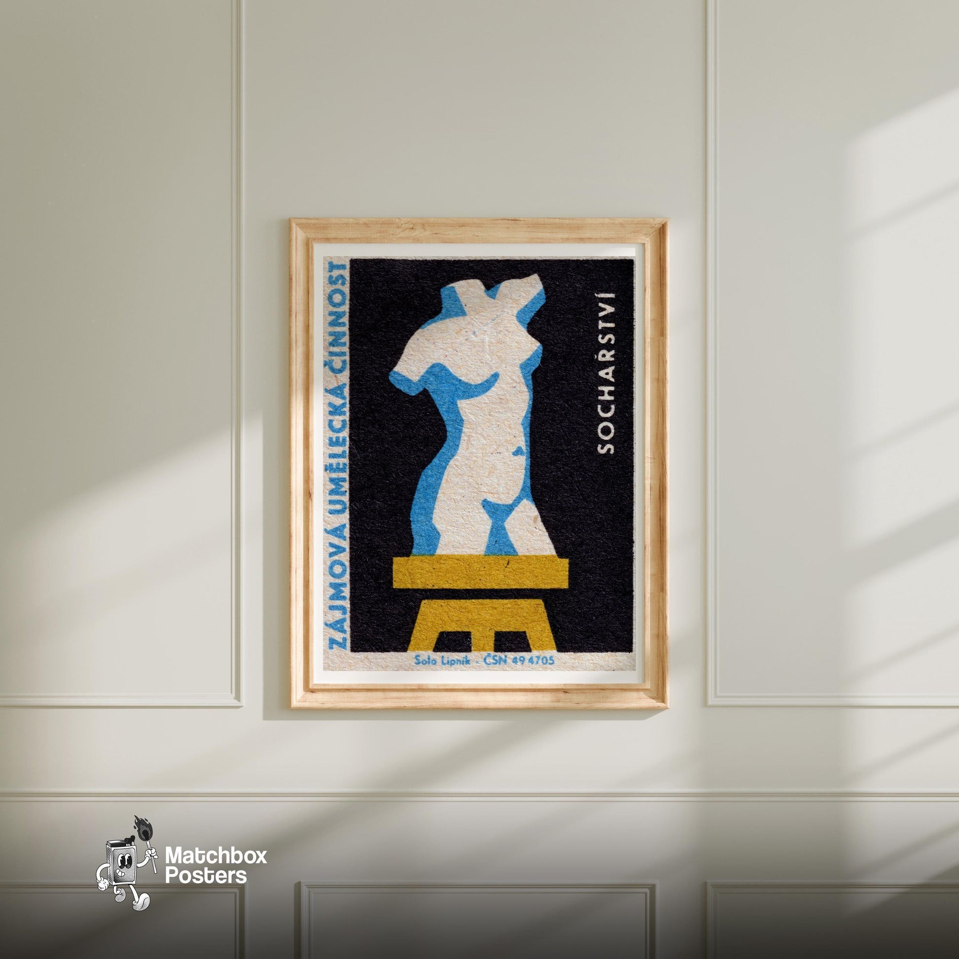 Sculpture Bust - vintage matchbox label print - bedroom mockup