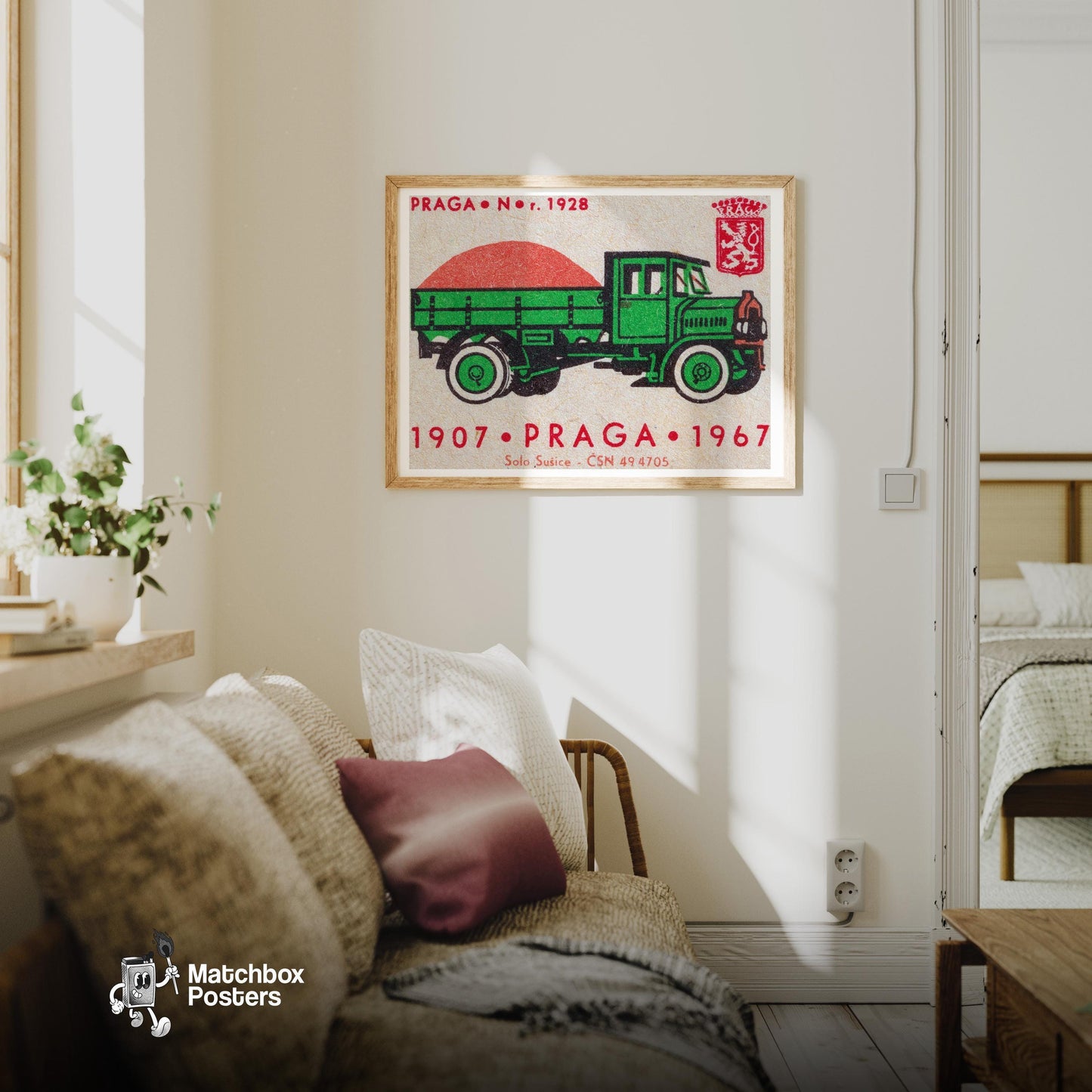 Green Truck - vintage matchbox label print - living room mockup