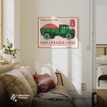 Green Truck - vintage matchbox label print - living room mockup