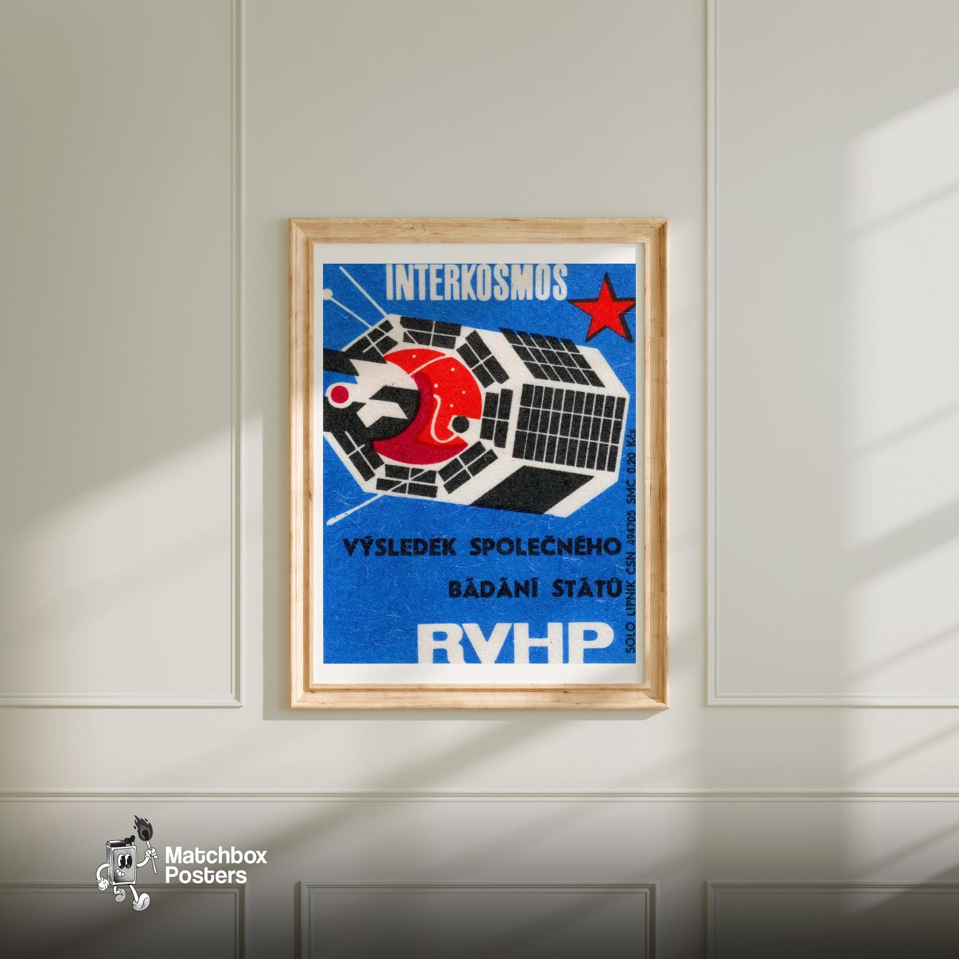 Satellite - vintage matchbox label print - bedroom mockup