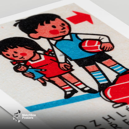 Children with Ball and Doll - vintage matchbox label print - close-up detail