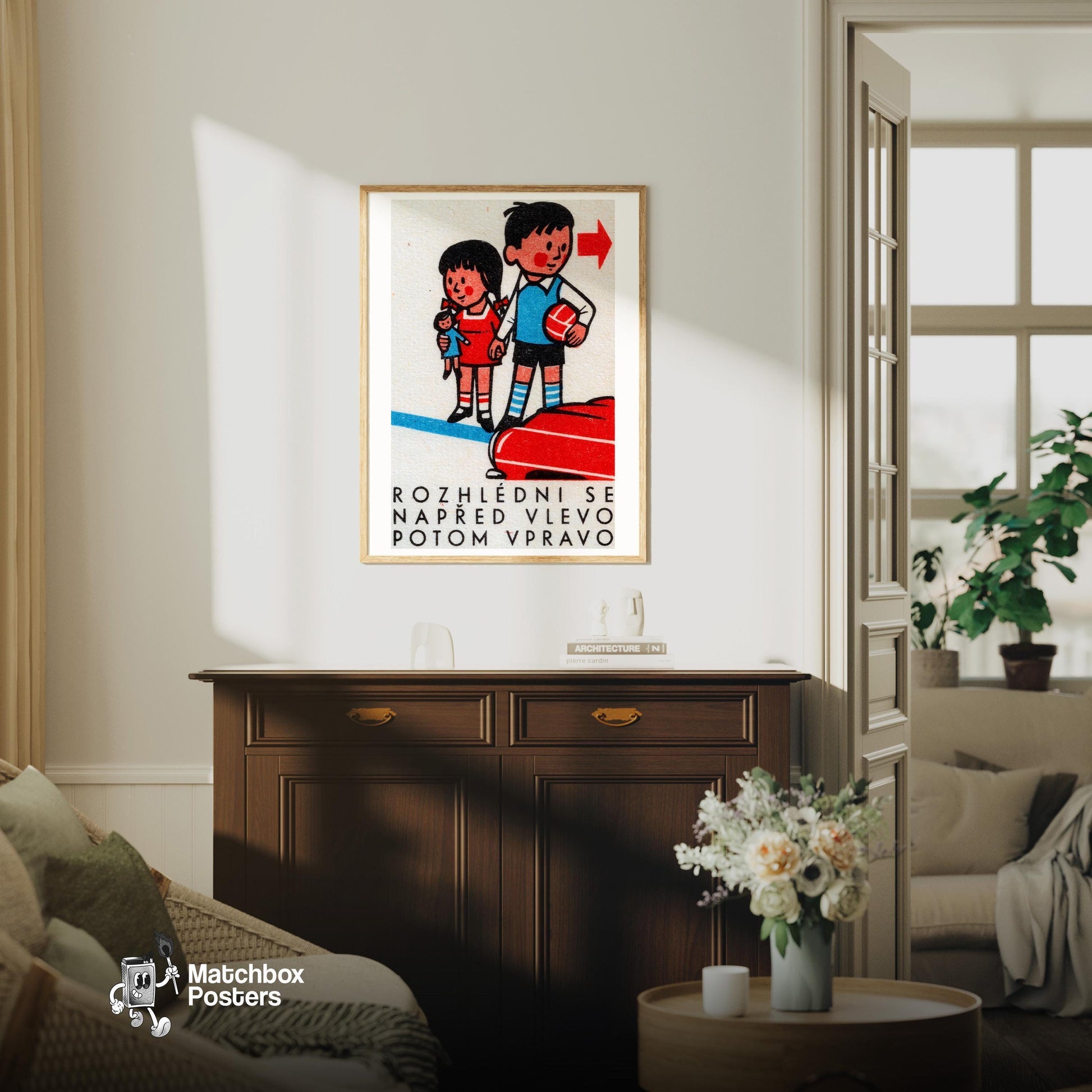 Children with Ball and Doll - vintage matchbox label print - living room mockup