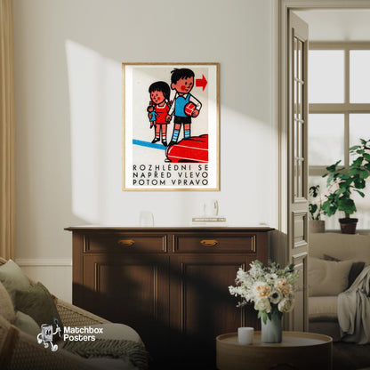 Children with Ball and Doll - vintage matchbox label print - living room mockup