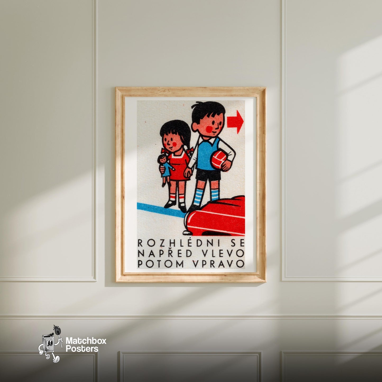 Children with Ball and Doll - vintage matchbox label print - bedroom mockup