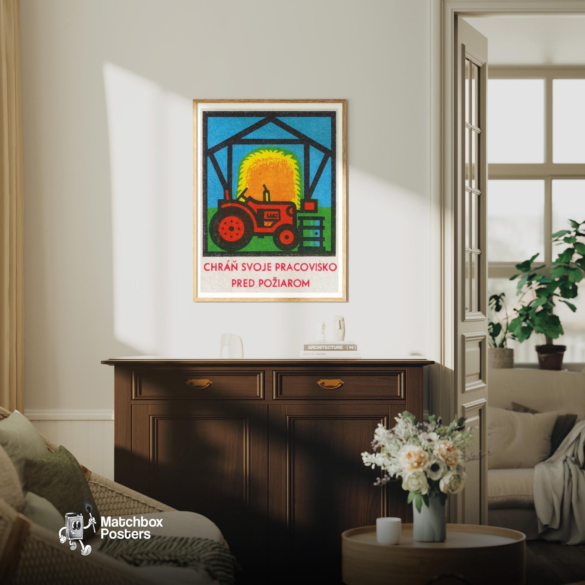 Red Tractor - vintage matchbox label print - living room mockup
