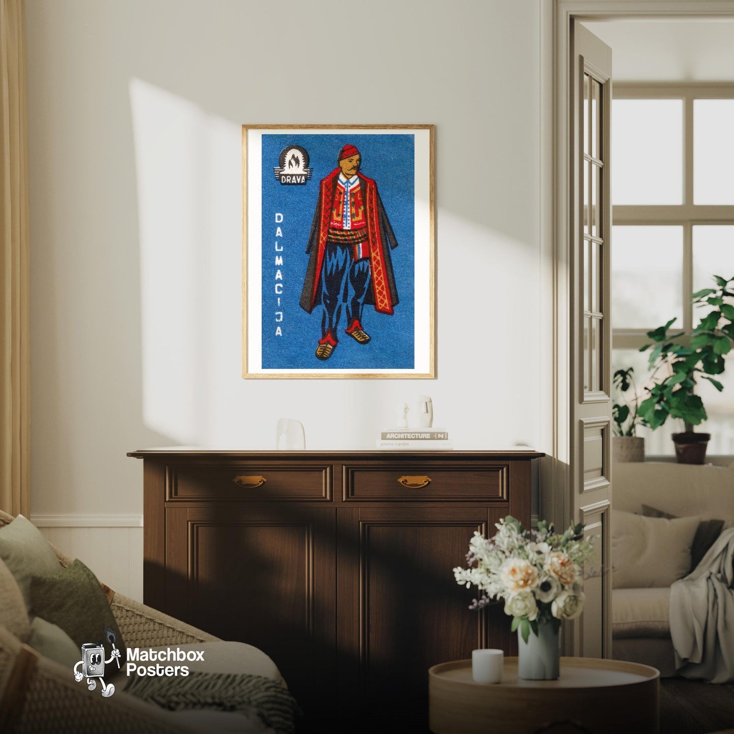 Man Yugoslavia Mid-Century Matchbox Label - vintage matchbox label print - living room mockup
