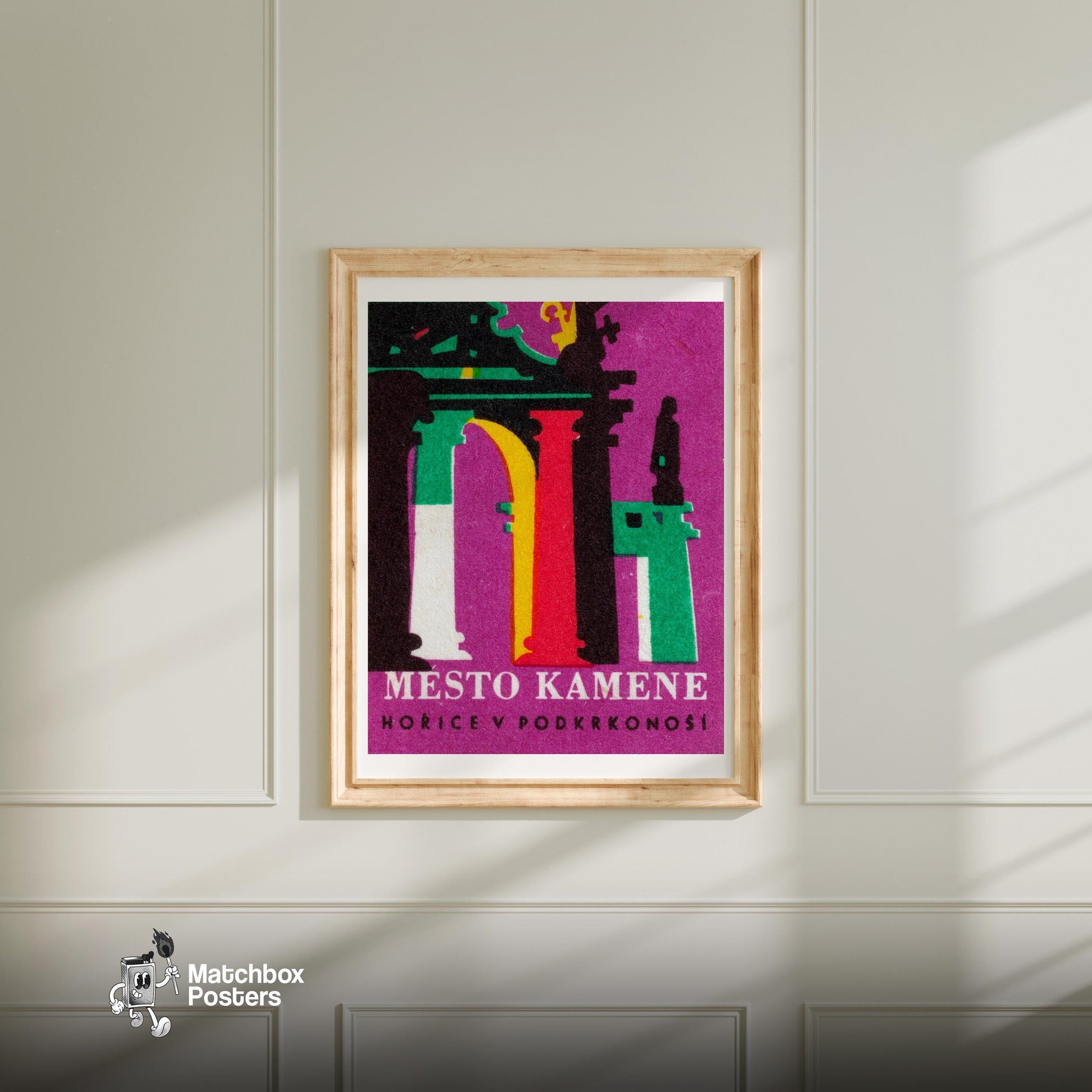 City of Kamene - vintage matchbox label print - bedroom mockup