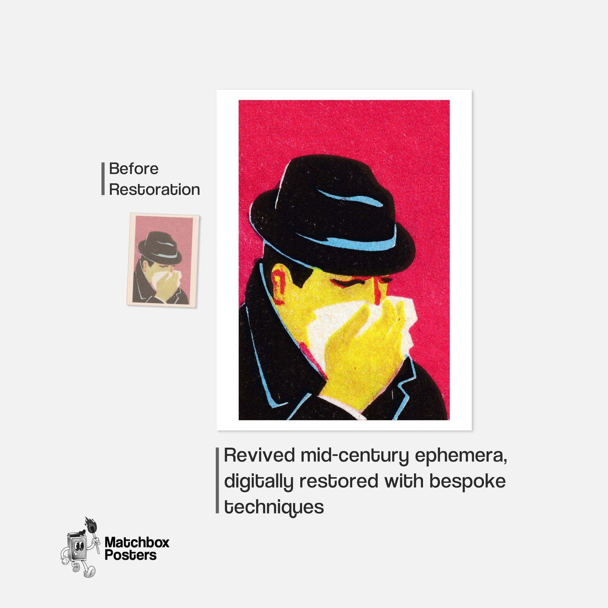 Sneezing Man - vintage matchbox label print - framed wall art preview