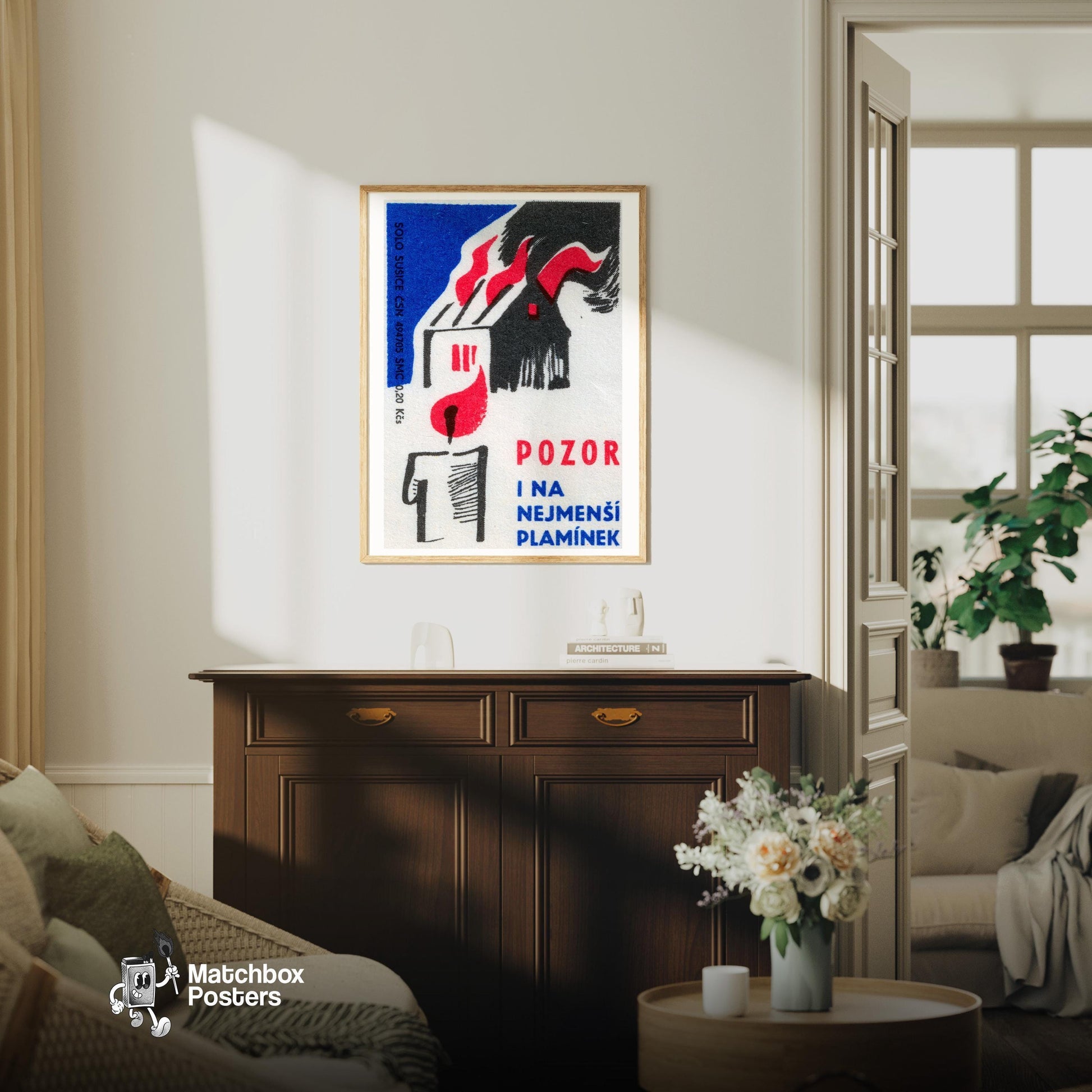 Candles Burn Down Houses - vintage matchbox label print - living room mockup