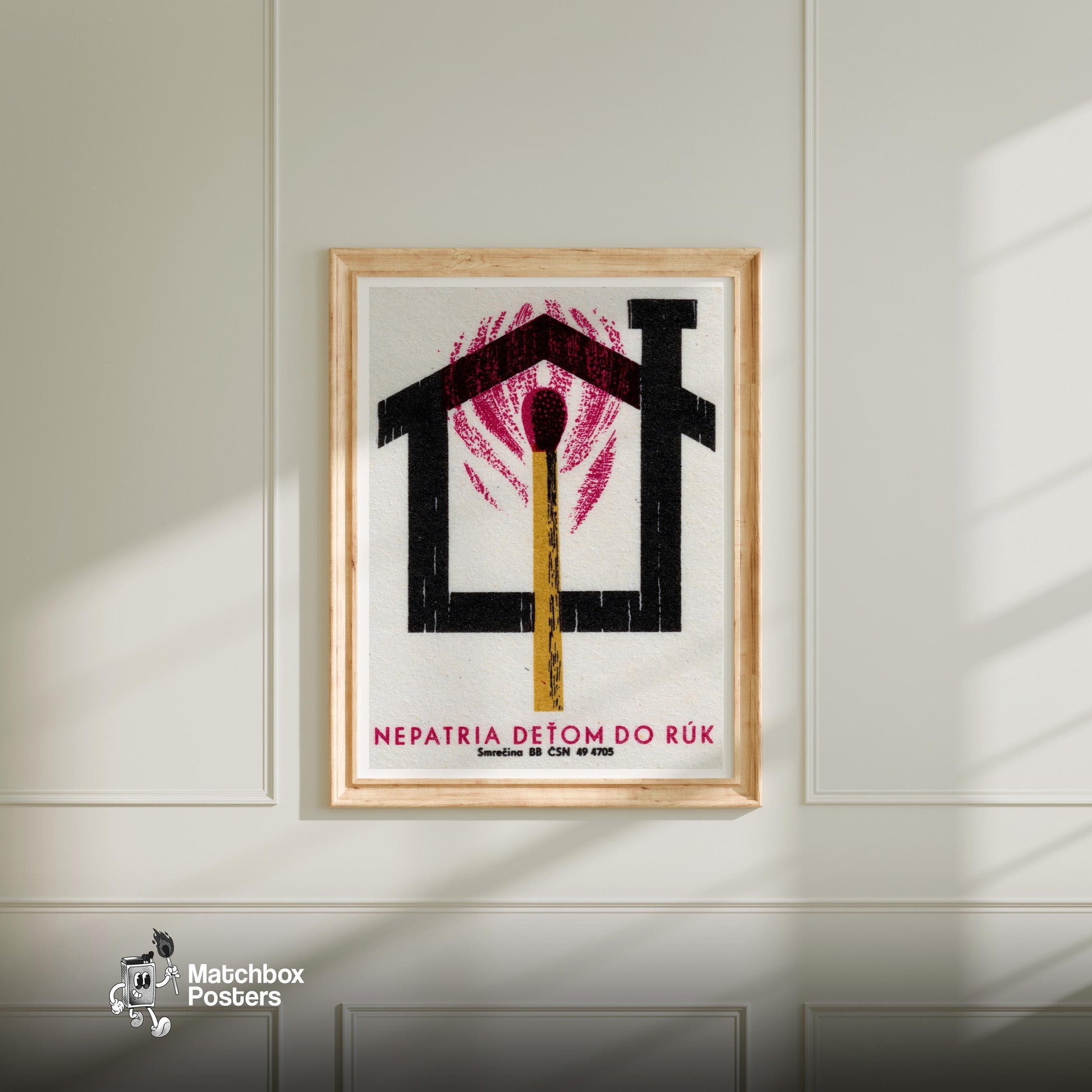 Burning Match House - vintage matchbox label print - bedroom mockup