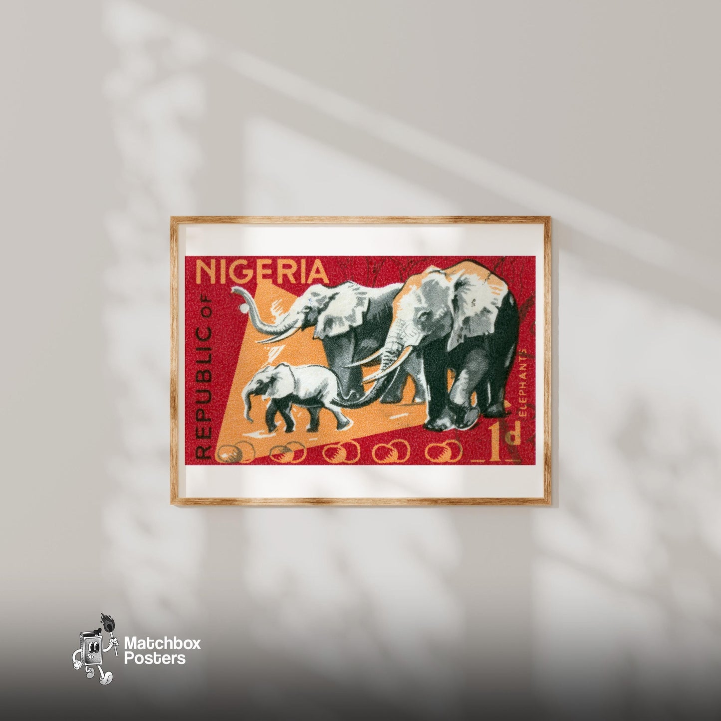 Herd of Elephants - vintage matchbox label print - bedroom mockup