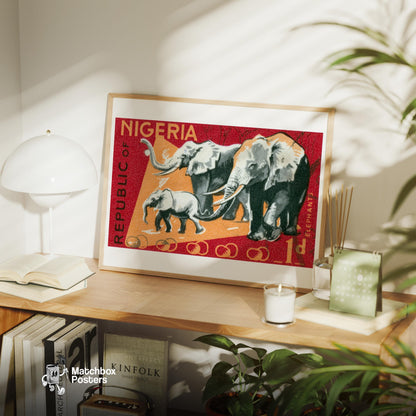Herd of Elephants - vintage matchbox label print - office wall