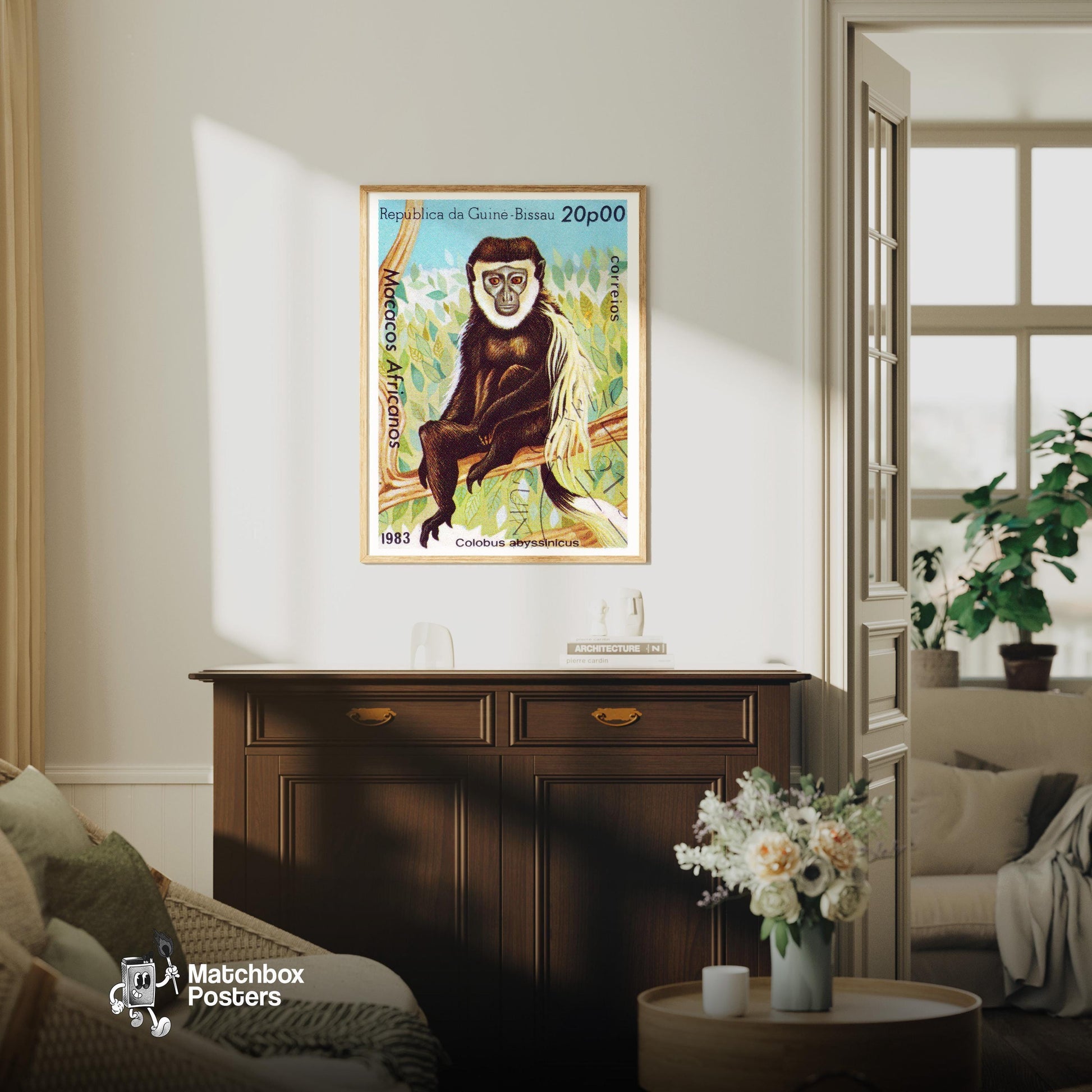 Colobus Monkey - vintage matchbox label print - living room mockup