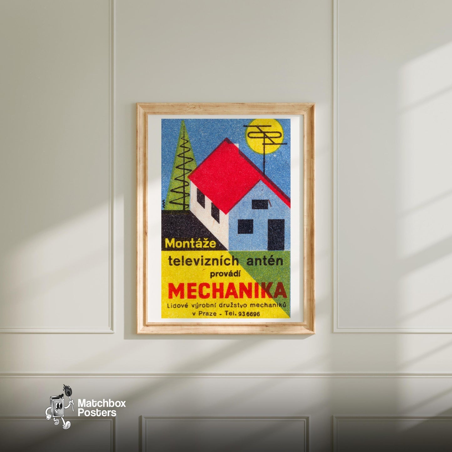 Television Antennas - vintage matchbox label print - bedroom mockup