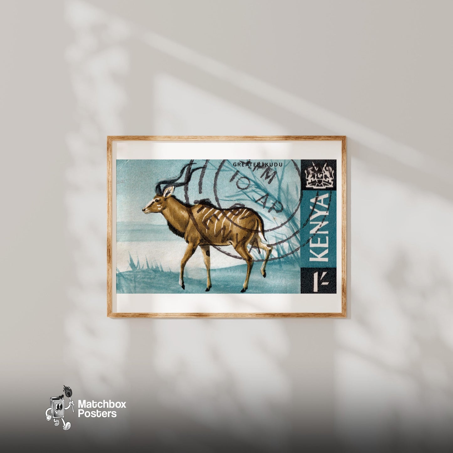 Greater Kudu Walking KENYA - vintage matchbox label print - bedroom mockup