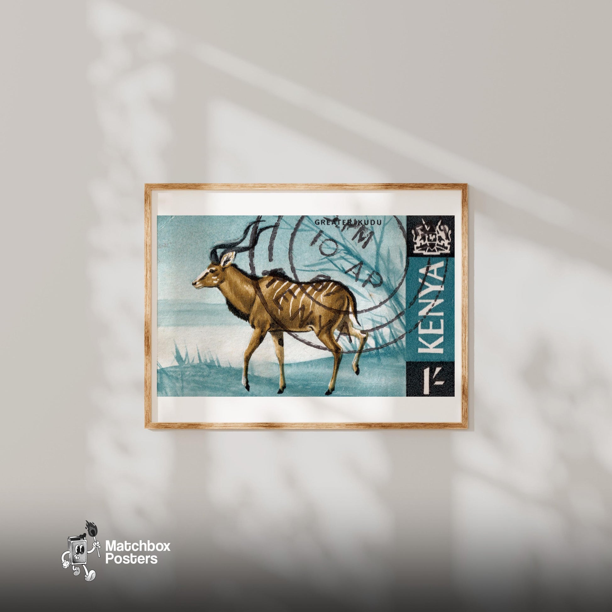 Greater Kudu Walking KENYA - vintage matchbox label print - bedroom mockup