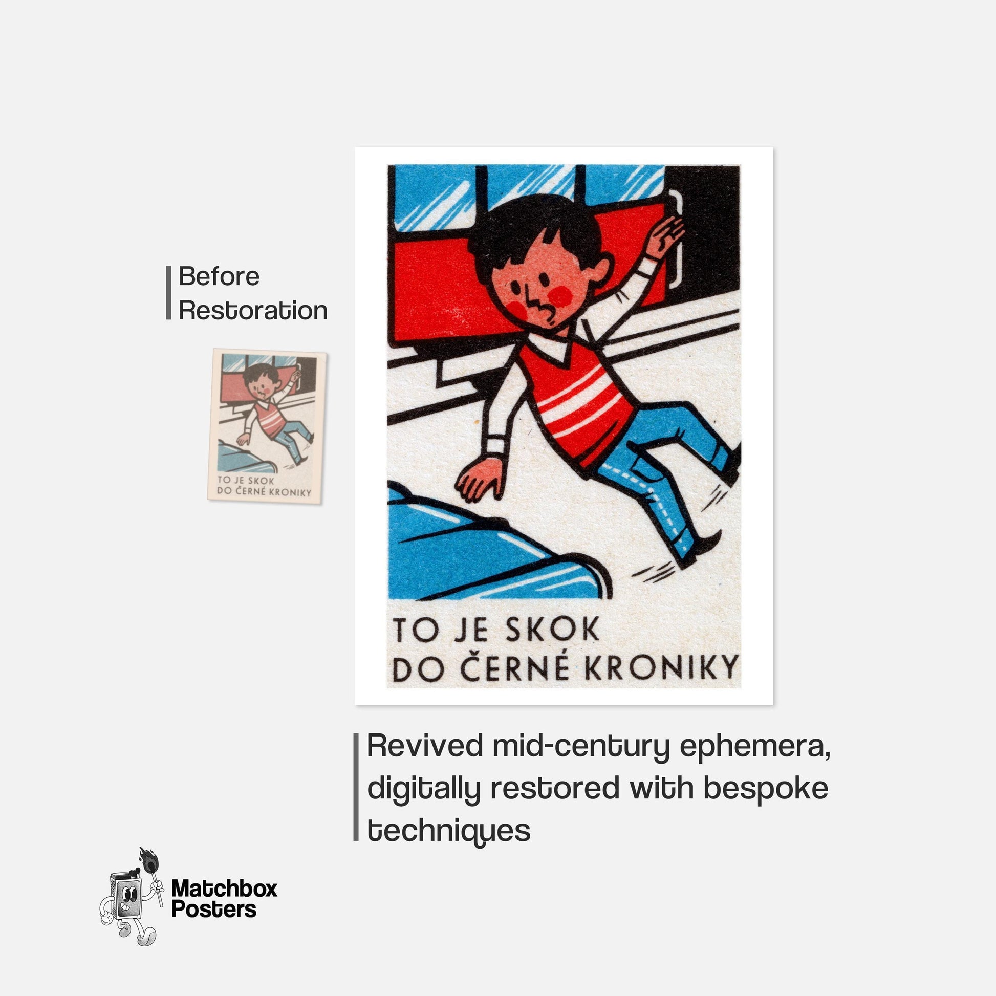 Boy Jumping from Train - vintage matchbox label print - framed wall art preview