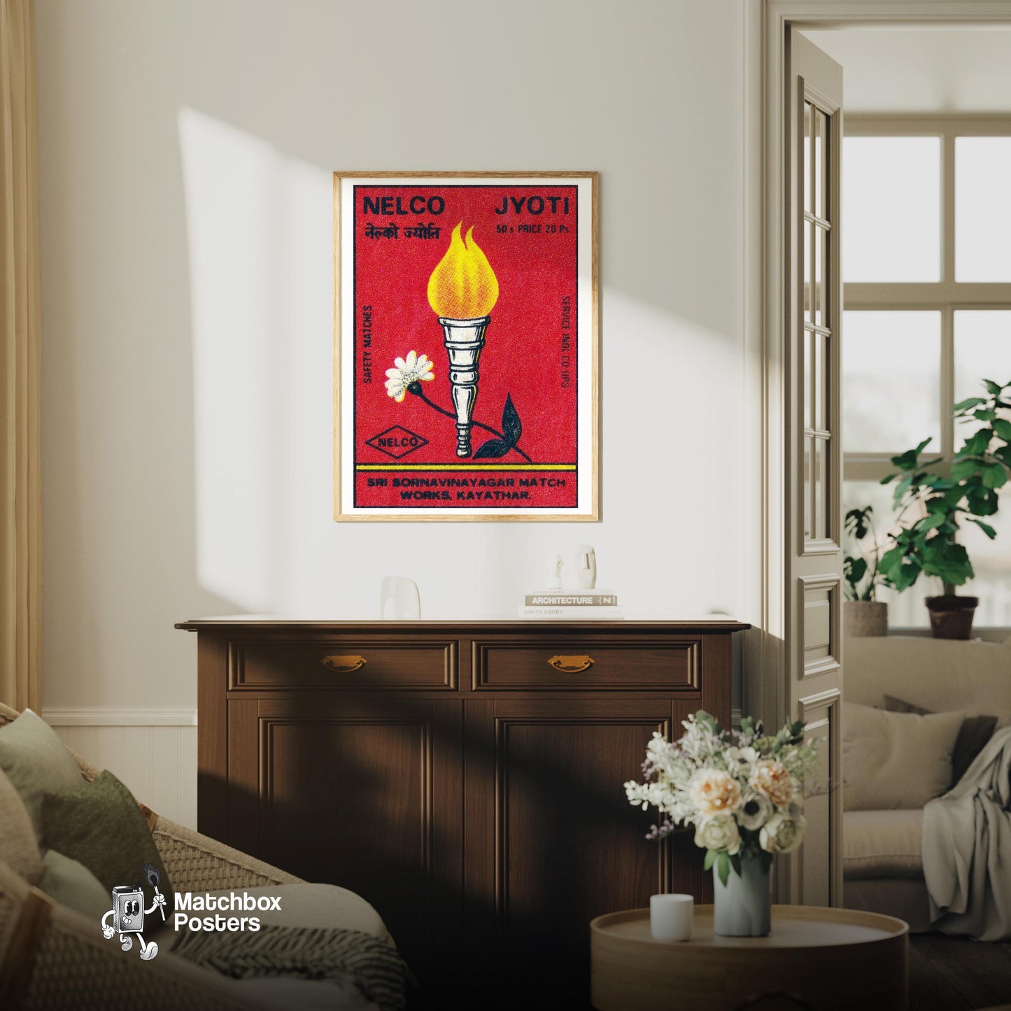 Flaming Torch - vintage matchbox label print - living room mockup