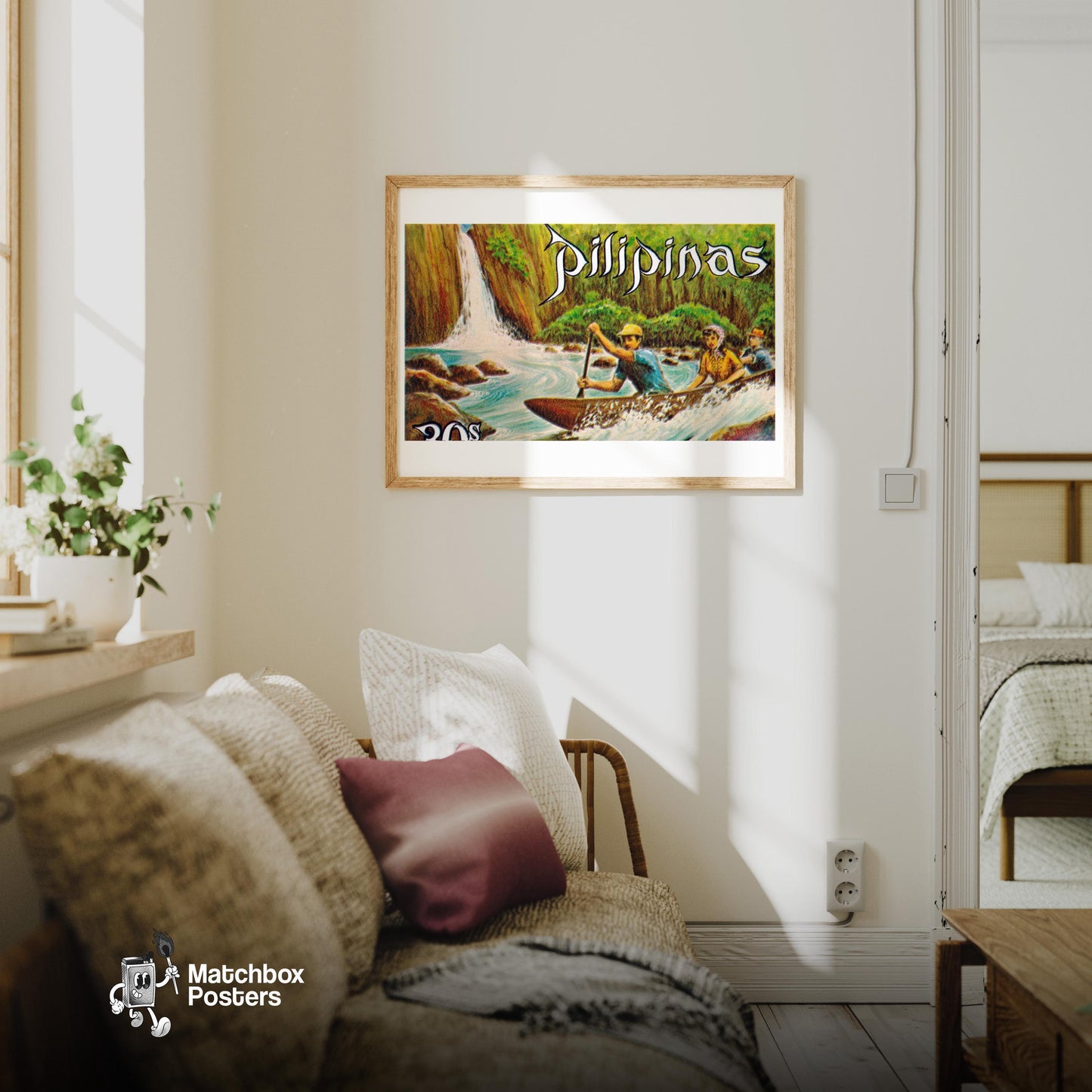 White Water Rapids - vintage matchbox label print - living room mockup