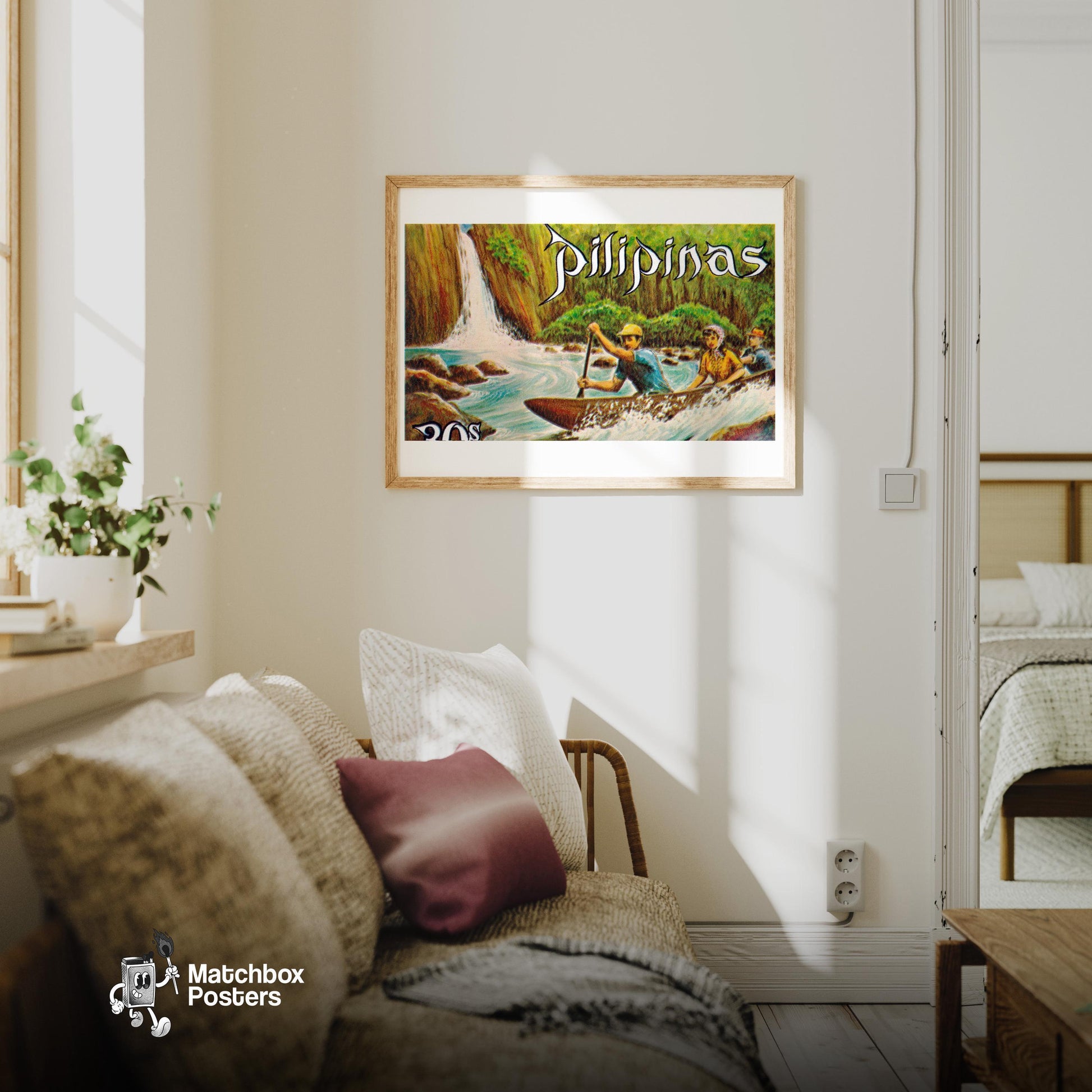 White Water Rapids - vintage matchbox label print - living room mockup