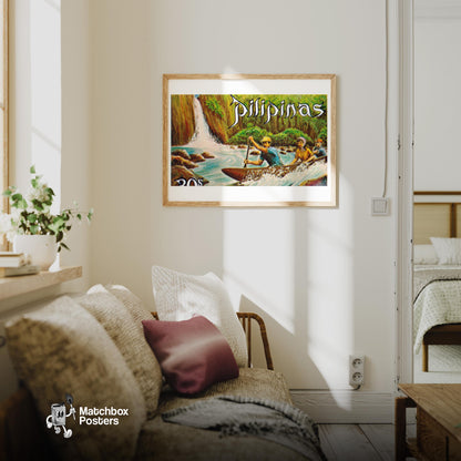 White Water Rapids - vintage matchbox label print - living room mockup