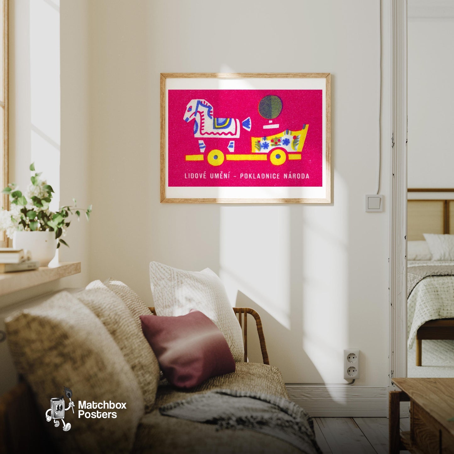Horse and Cart - vintage matchbox label print - living room mockup
