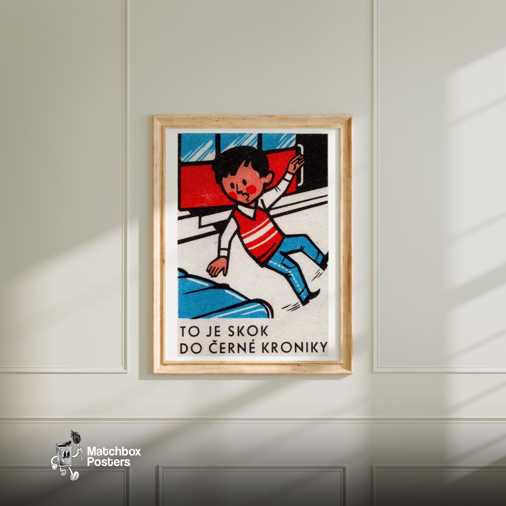 Boy Jumping from Train - vintage matchbox label print - bedroom mockup
