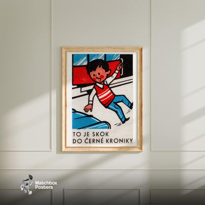 Boy Jumping from Train - vintage matchbox label print - bedroom mockup