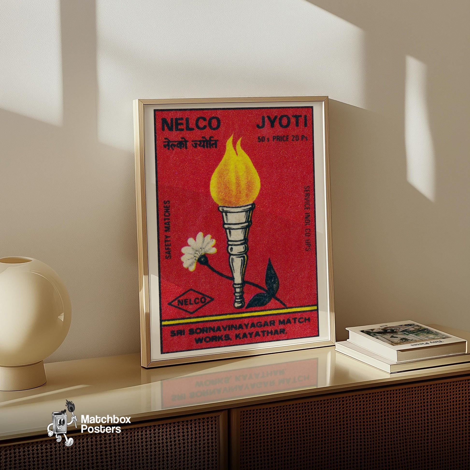 Flaming Torch - vintage matchbox label print - size comparison