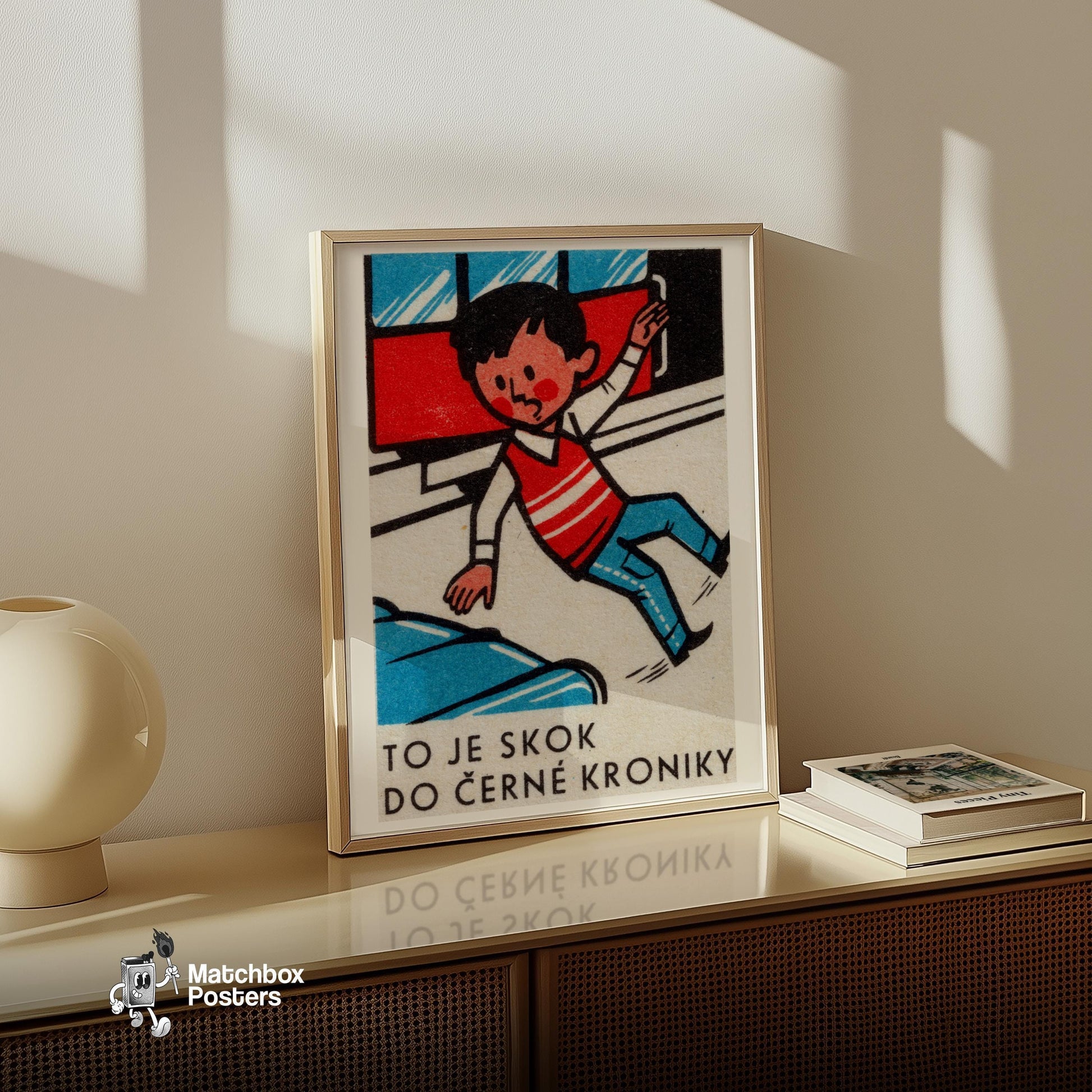 Boy Jumping from Train - vintage matchbox label print - size comparison