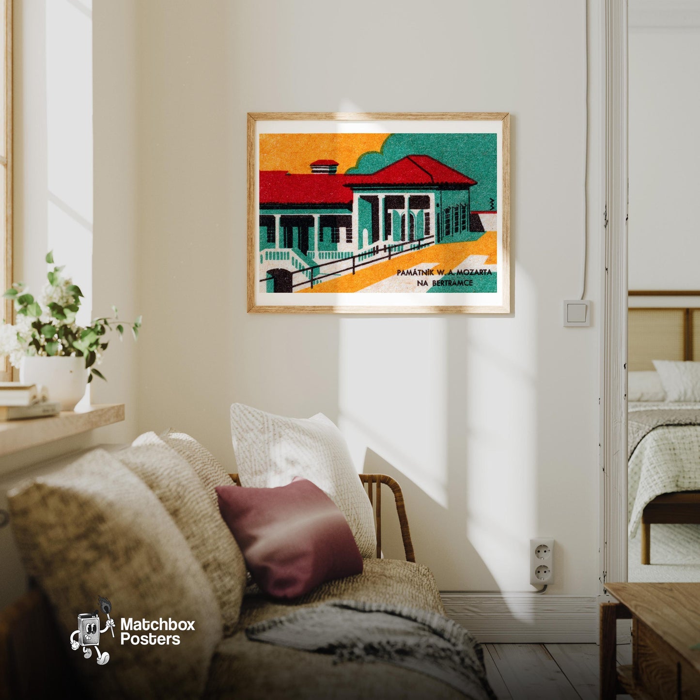 Historical Building - vintage matchbox label print - living room mockup