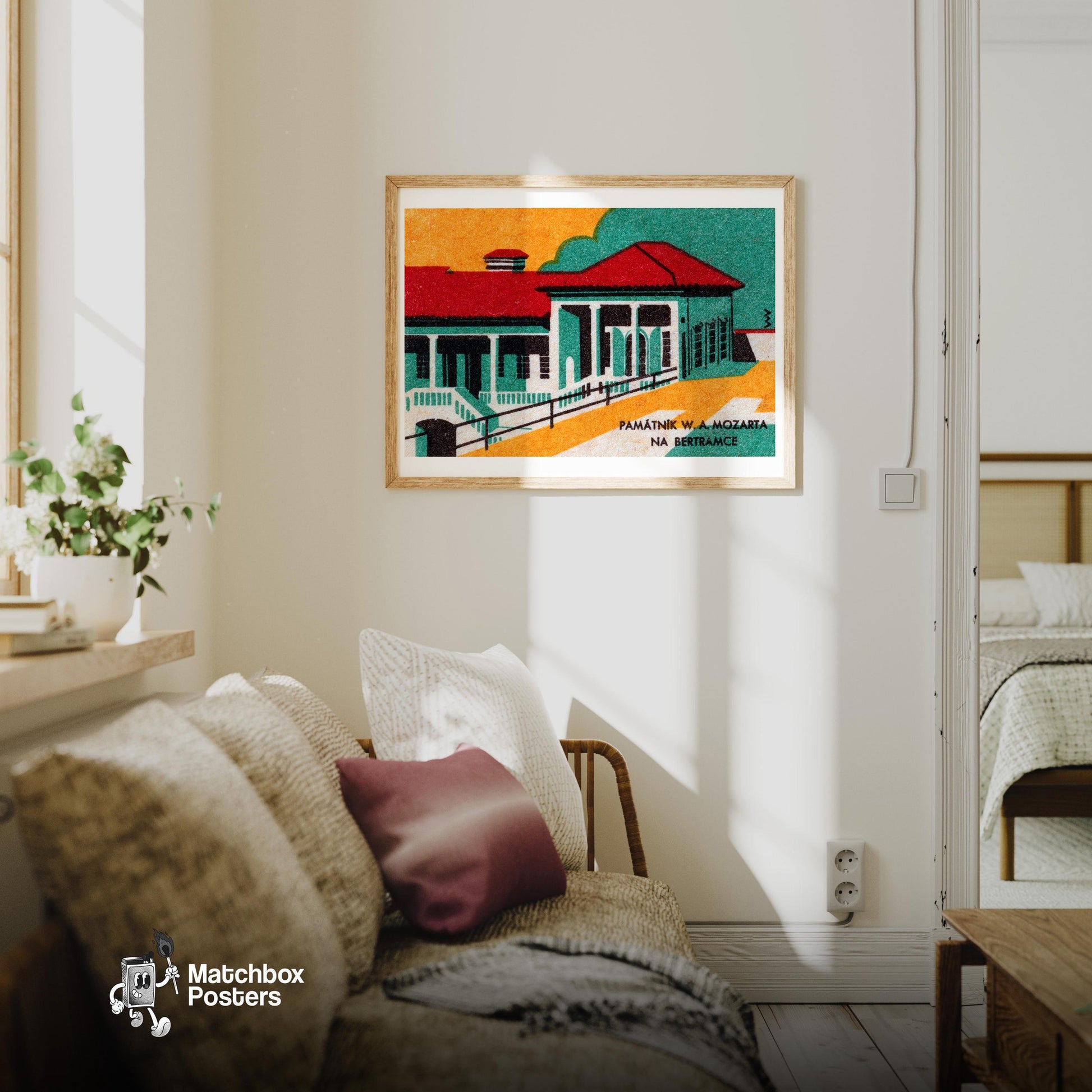 Historical Building - vintage matchbox label print - living room mockup