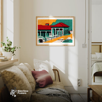 Historical Building - vintage matchbox label print - living room mockup