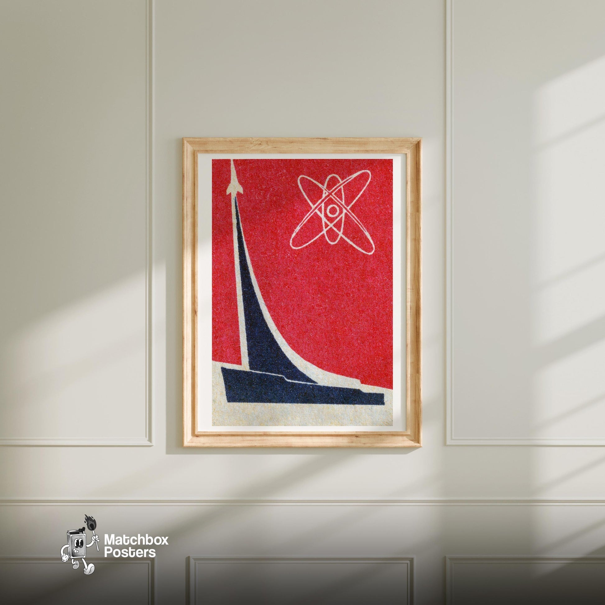 Rocket and Atomic Symbol - vintage matchbox label print - bedroom mockup