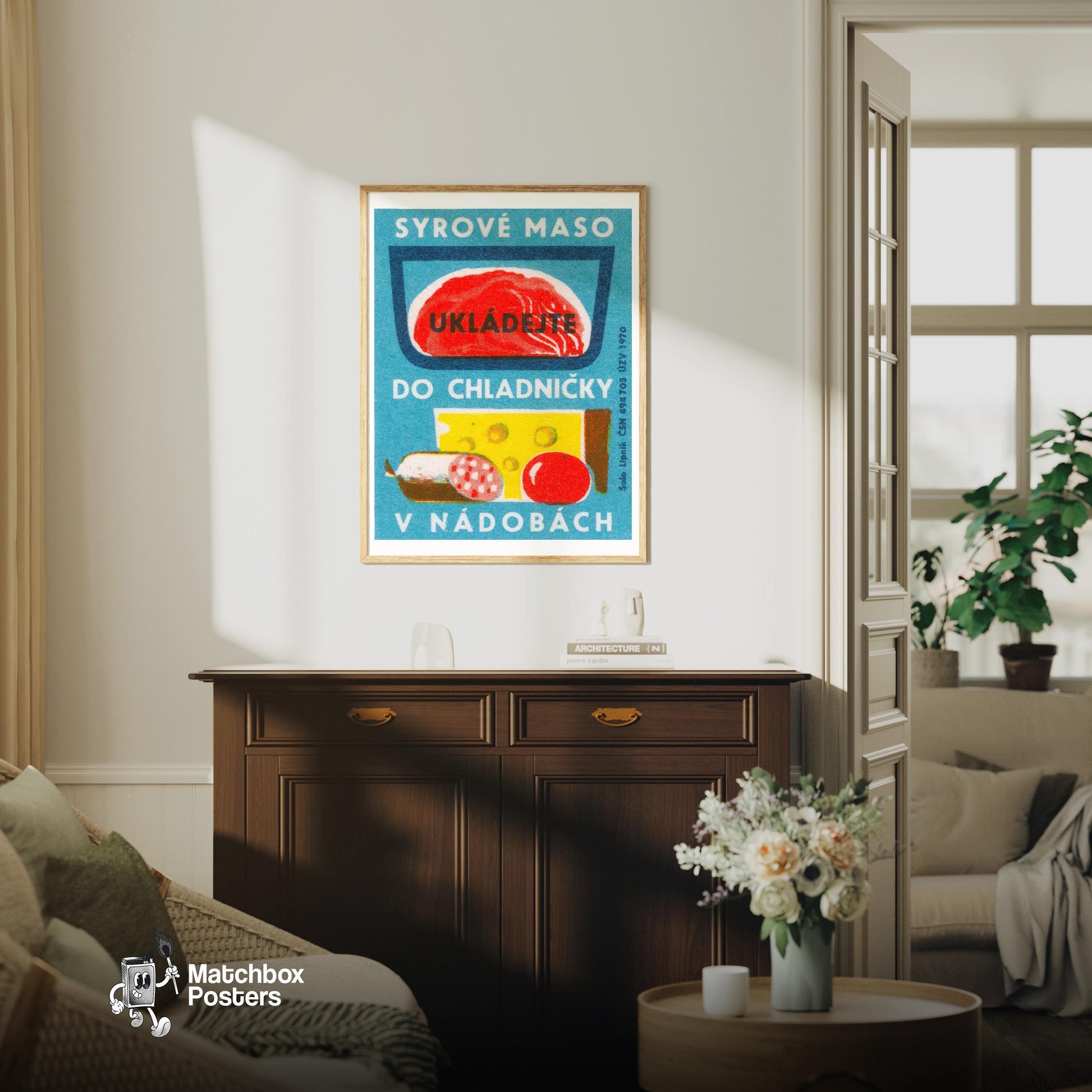 Raw Meat - vintage matchbox label print - living room mockup