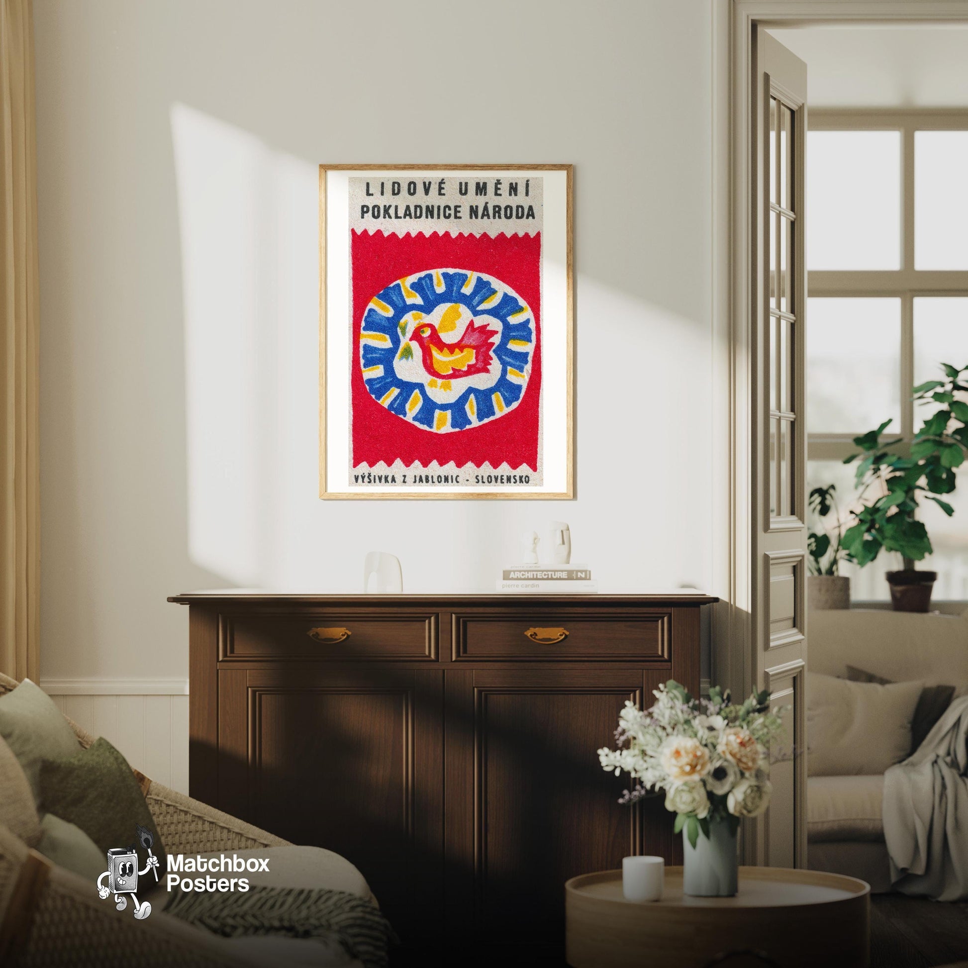 Folk Bird - vintage matchbox label print - living room mockup