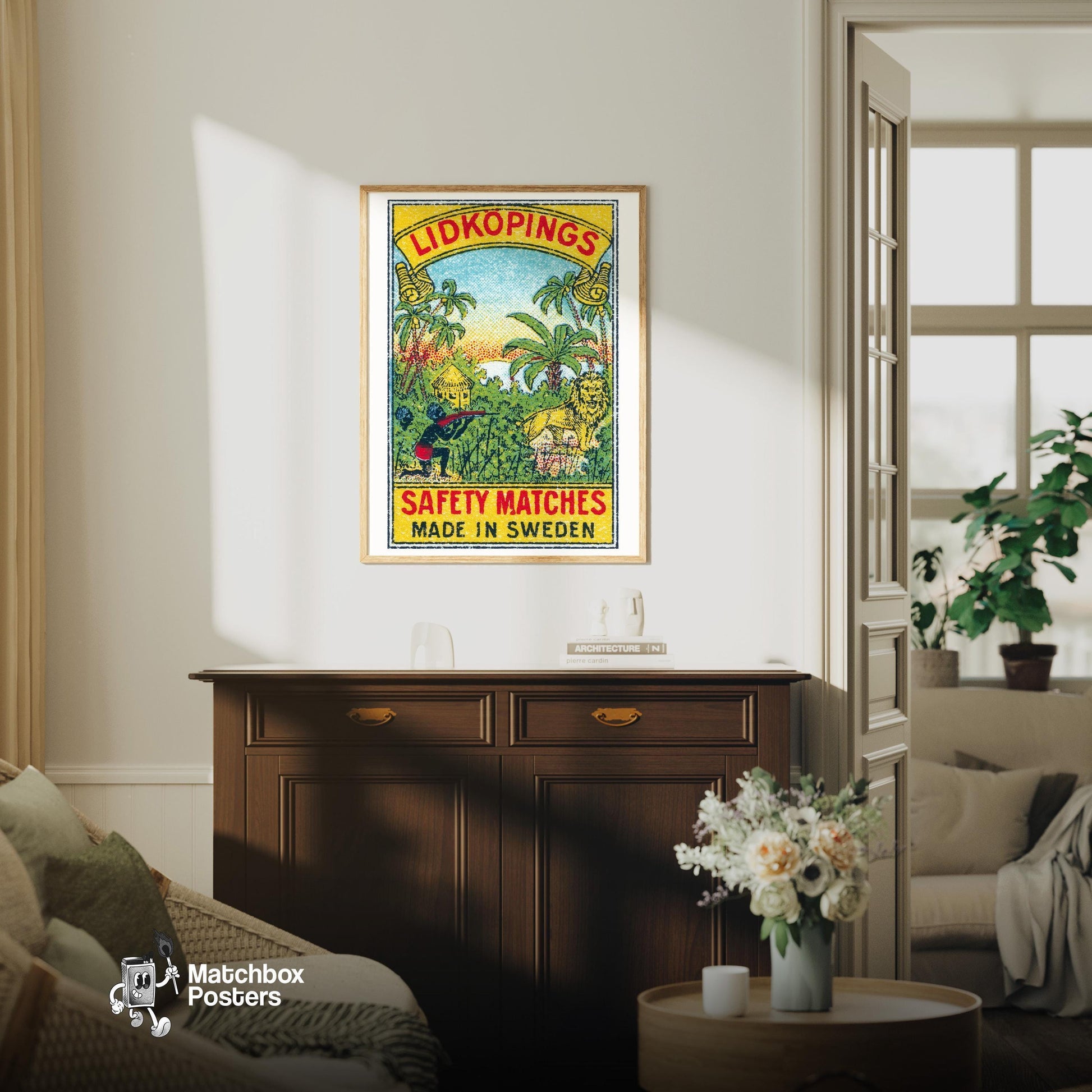 Jungle Hunting - vintage matchbox label print - living room mockup