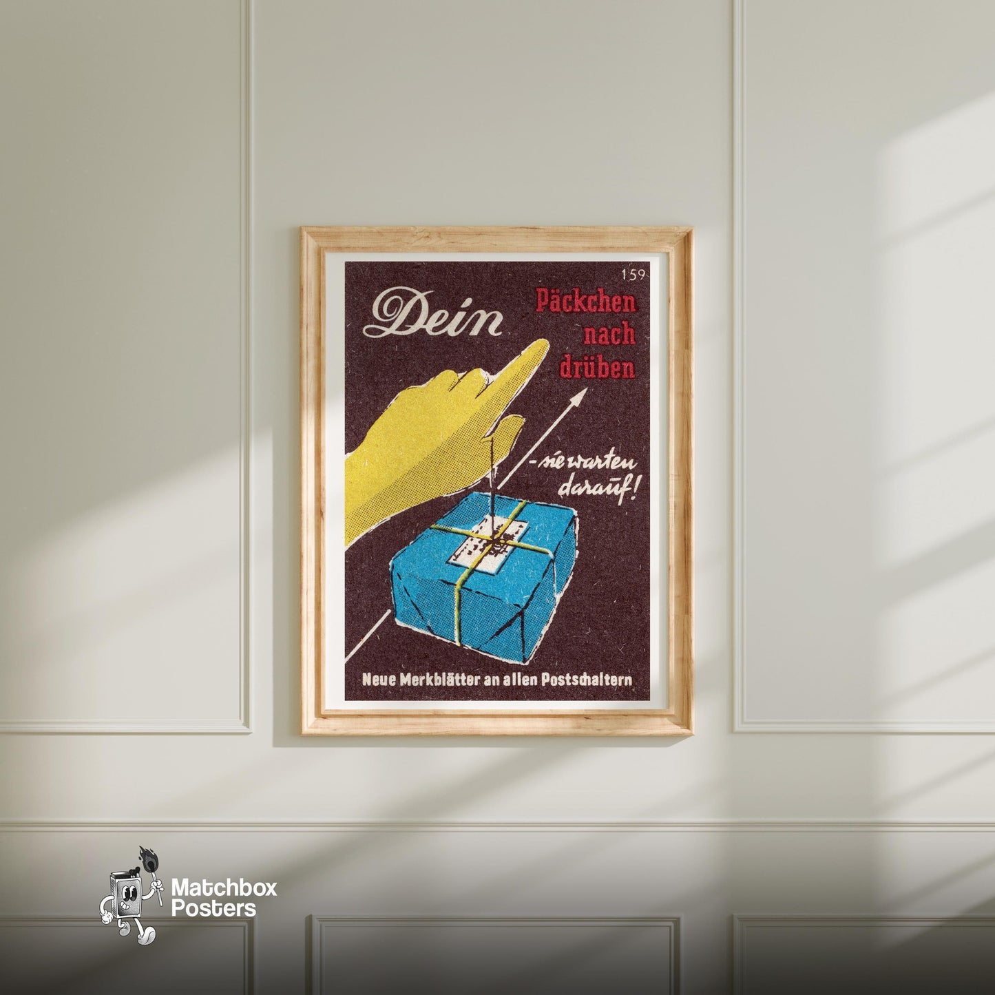 Swift Postal Service - vintage matchbox label print - bedroom mockup