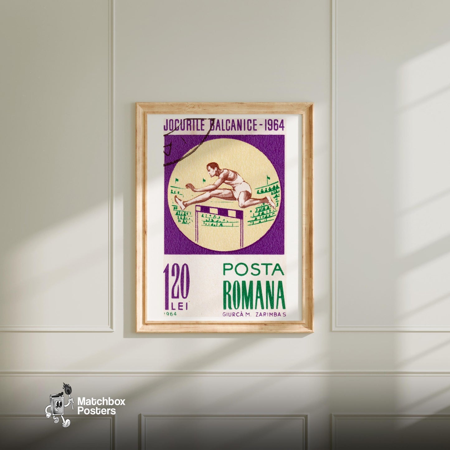 Hurdle Athlete - vintage matchbox label print - bedroom mockup