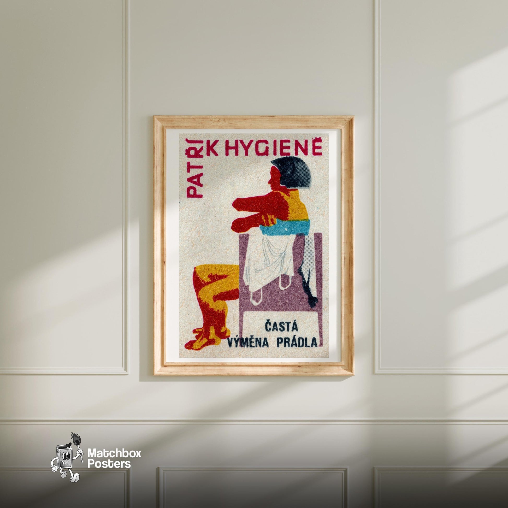 Stylized Human Figure Sitting - vintage matchbox label print - bedroom mockup