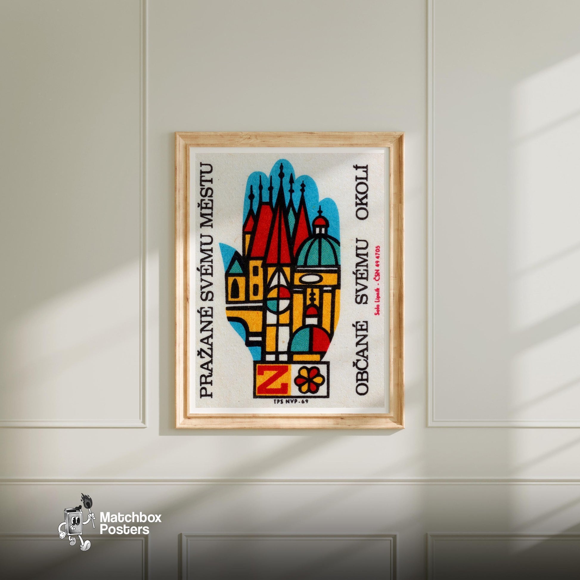 Czech Church - vintage matchbox label print - bedroom mockup